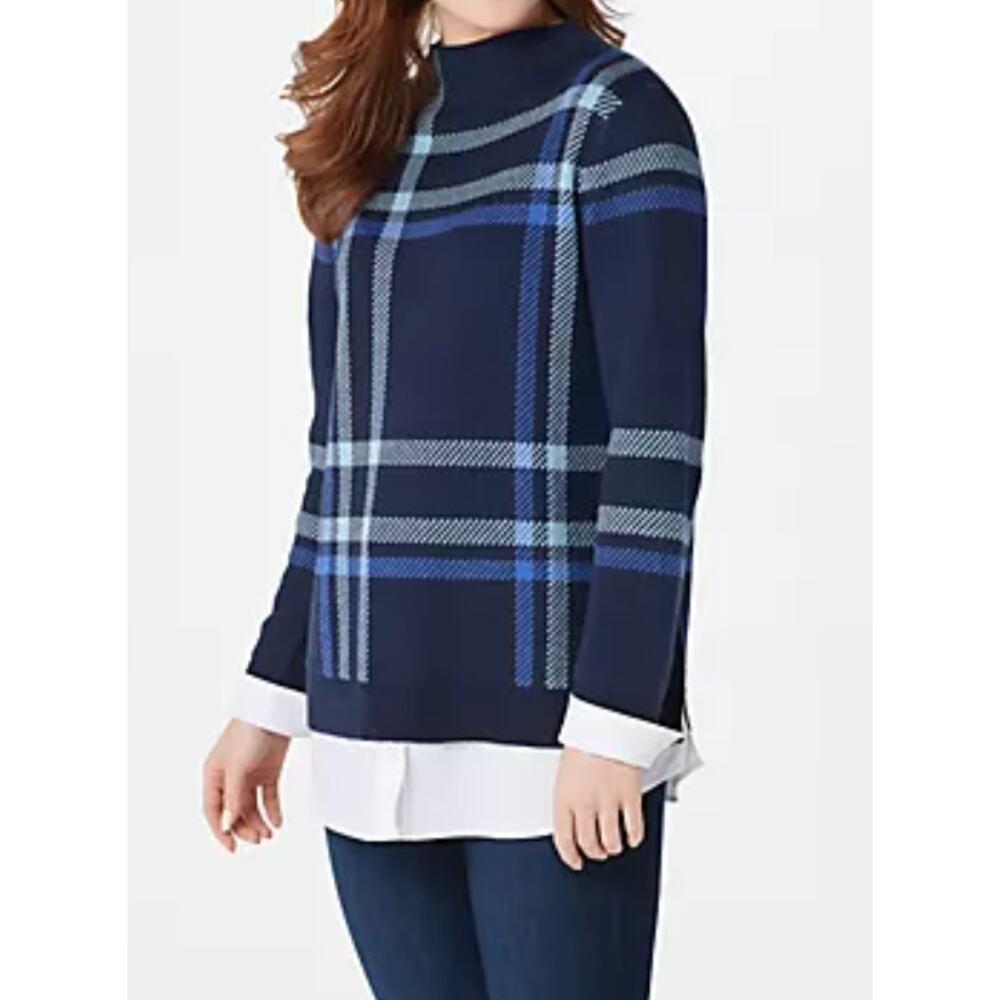 Isaac Mizrahi Live! Plaid Jacquard Sweater w/ "White Shirt" Layered Womens 2XS